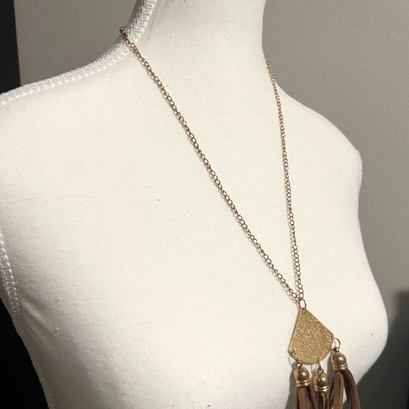 Gold Tone Triangle Leather Tassel Pendant Long Necklace 31" - Picture 3 of 5